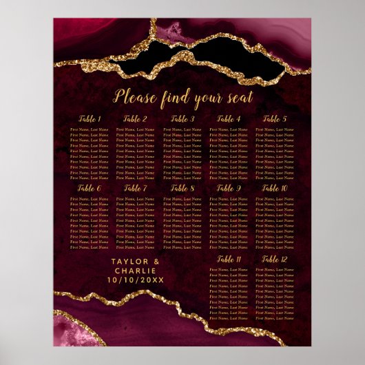 Red and Gold Agate Wedding Seating Chart ポスター (正面)