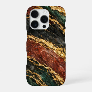 red and gold and dark green glitter marble iPhone 16 proケース