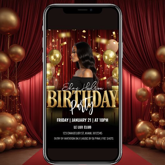 Red and Gold Birthday Party Invitation 招待状