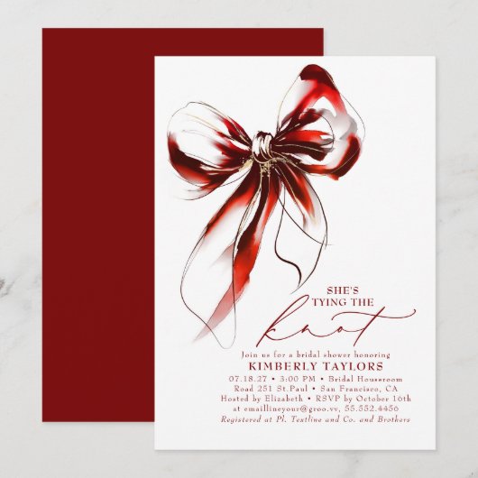 Red and Gold Bow Elegant Whimsical Bridal Shower 招待状 (正面/裏面)
