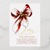 Red and Gold Bow Elegant Whimsical Bridal Shower 箔招待状 (正面)