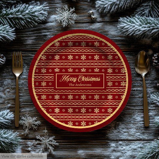 Red and Gold Christmas Luxe Snowflake Paper Plates ペーパープレート