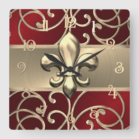 Red and Gold Filigree Swirls Fleur de Lis スクエア壁時計 (正面)