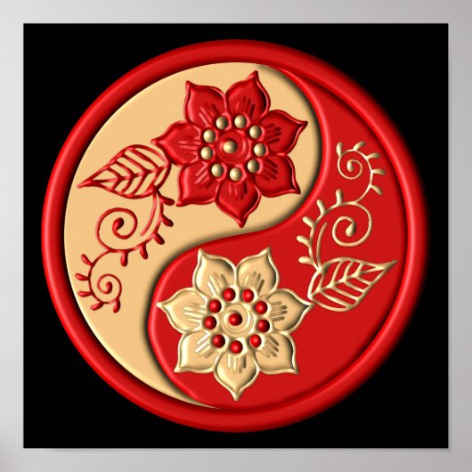 Red and Gold Floral Yin Yang ポスター (正面)