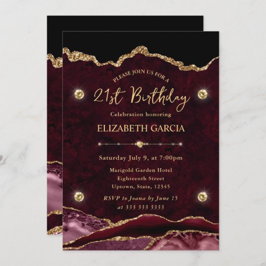 Red and Gold Glitter Agate 21st Birthday 招待状 (正面/裏面)