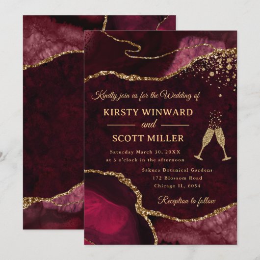 Red and Gold Glitter Agate Wedding 招待状 (正面/裏面)