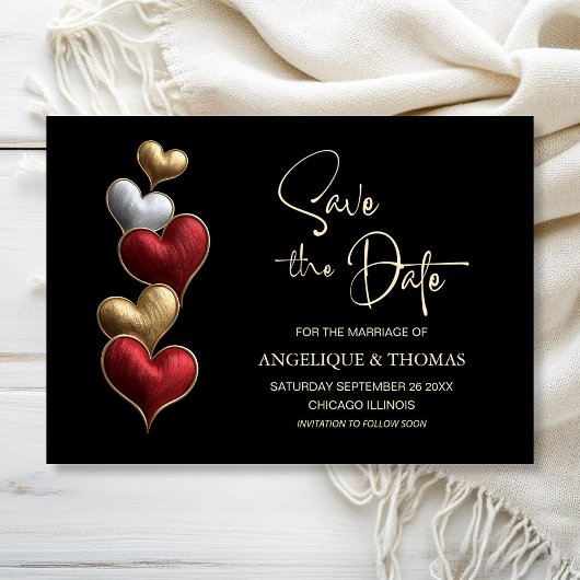Red and Gold Hearts Wedding Save the Date セーブザデート