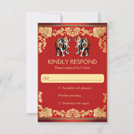 Red and gold Indian wedding elephants 出欠カード (正面)
