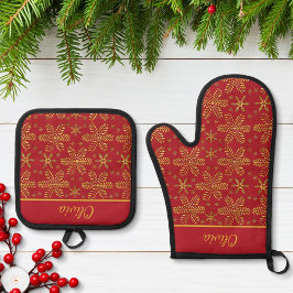 Red and Gold Personalized 鍋つかみ&鍋敷きセット