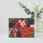 Red and Gold Photo Family Merry Christmas Happy シーズンポストカード (スタンド正面)
