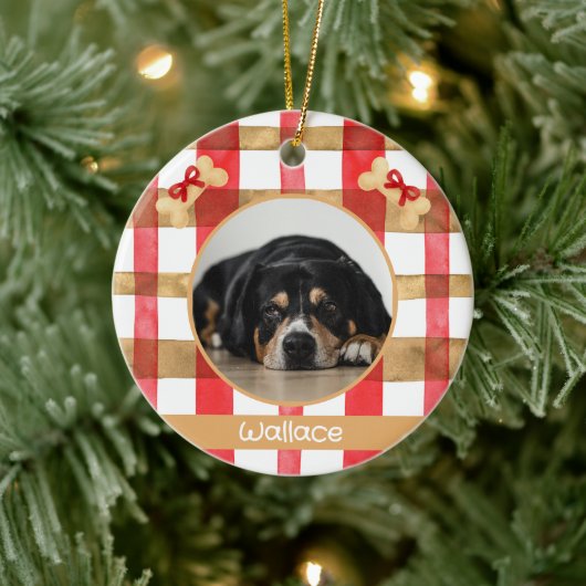 Red and Gold Plaid Round Pet Ornament セラミックオーナメント (ツリー)