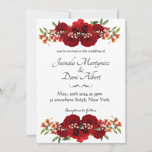 Red and gold rustic flower wedding invitation  案内状 (正面)