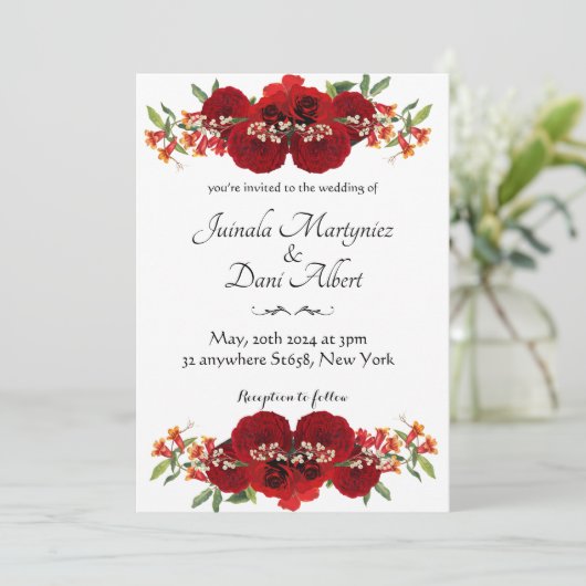 Red and gold rustic flower wedding invitation  案内状 (スタンド正面)