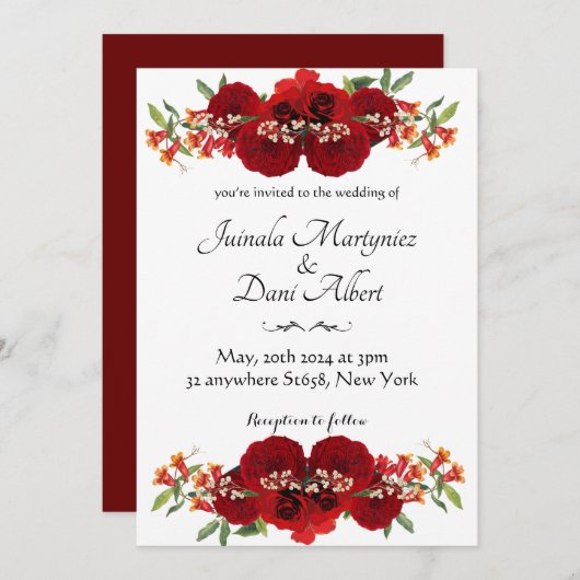 Red and gold rustic flower wedding invitation  案内状 (正面/裏面)
