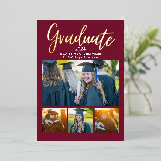 Red and Gold Script photos collage for graduated 箔招待状 (立ち正面)