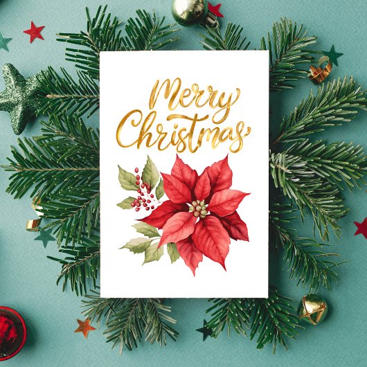 Red and Gold Simple Classic Poinsettia シーズンカード