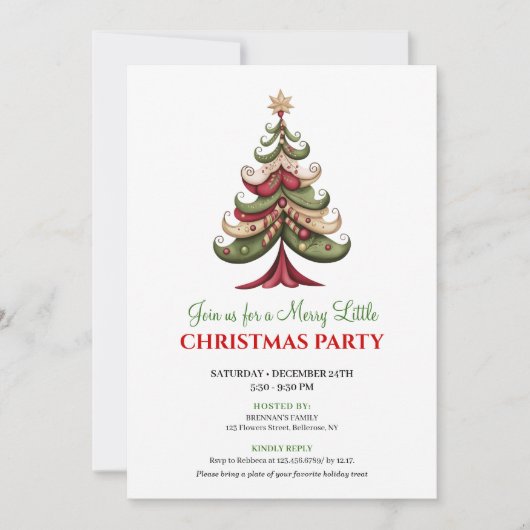 Red and green artistic Christmas tree party card 招待状 (正面)
