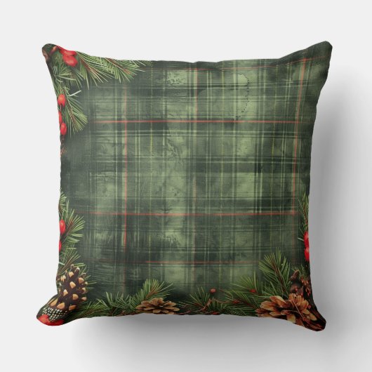 Red and Green Buffalo Plaid Christmas Throw Pillow クッション (正面)