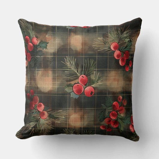 Red and Green Buffalo Plaid Christmas Throw Pillow クッション (正面)