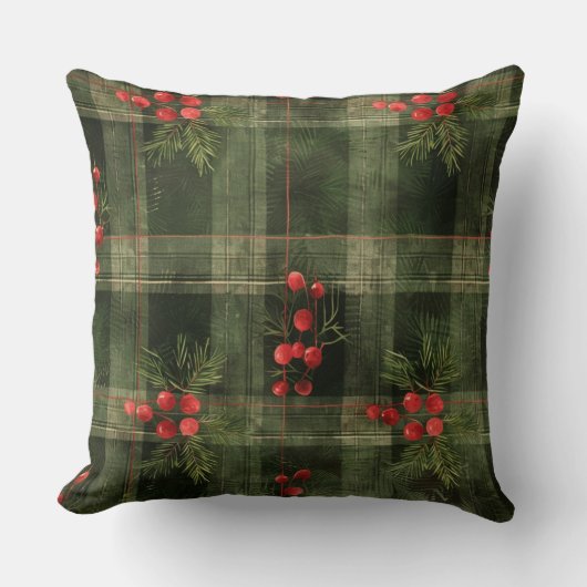 Red and Green Buffalo Plaid Christmas Throw Pillow クッション (正面)
