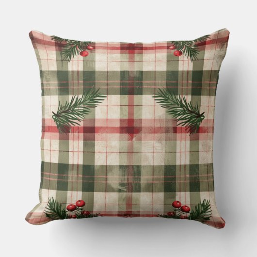 Red and Green Buffalo Plaid Christmas Throw Pillow クッション (正面)
