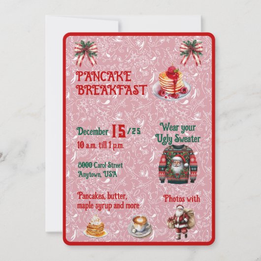Red and Green Christmas Pancake Breakfast 招待状 (正面)