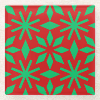 Red and Green Christmas Snowflakes Pattern ガラスコースター