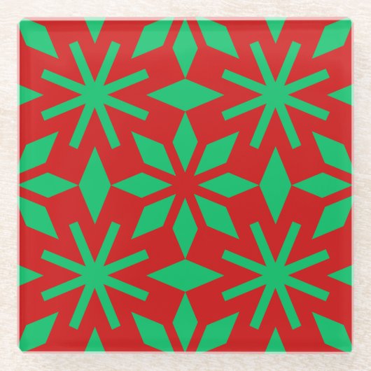 Red and Green Christmas Snowflakes Pattern ガラスコースター (正面)