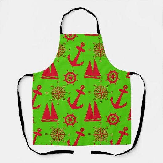 Red And Green Coastal Nautical Christmas Holiday エプロン (正面)