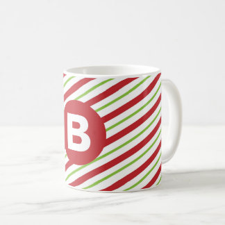 Red and Green Diagonal Pinstripes Monogram コーヒーマグカップ