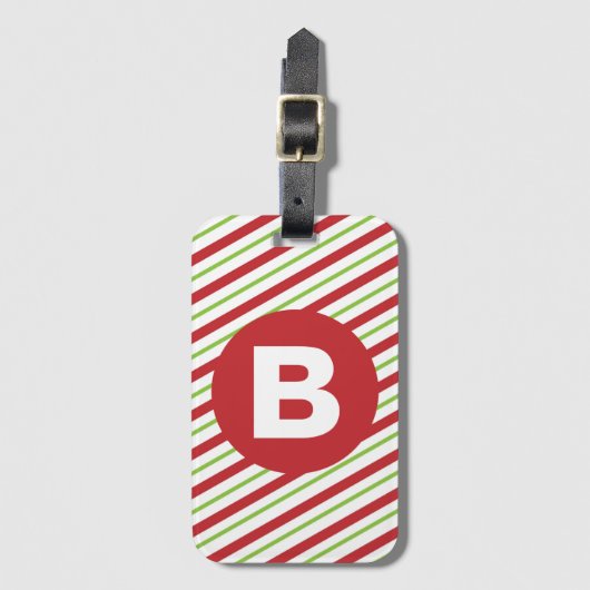 Red and Green Diagonal Pinstripes Monogram ラゲッジタグ (正面縦)