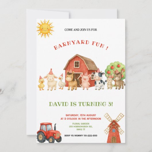 RED AND GREEN FARM BIRTHDAY PARTY INVITATION 招待状 (正面)