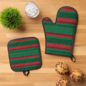 Red and Green Faux Knit Stripes 鍋つかみ&鍋敷きセット (トップダウン)