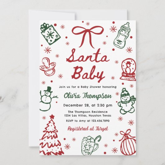 Red and Green Hand Drawn Christmas Baby Shower 招待状 (正面)