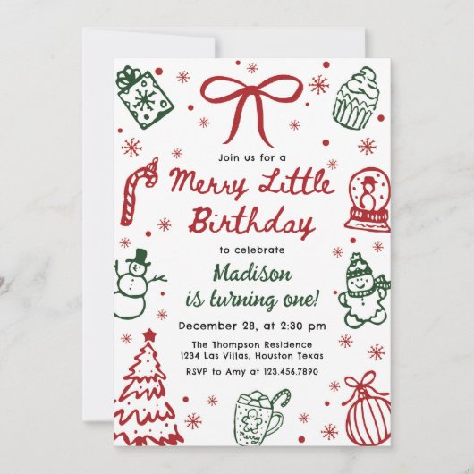 Red and Green Hand Drawn Christmas Birthday Party 招待状 (正面)