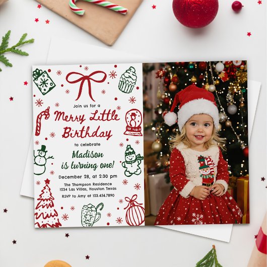 Red and Green Hand Drawn Christmas Birthday Photo 招待状