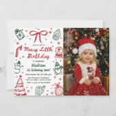 Red and Green Hand Drawn Christmas Birthday Photo 招待状 (正面)