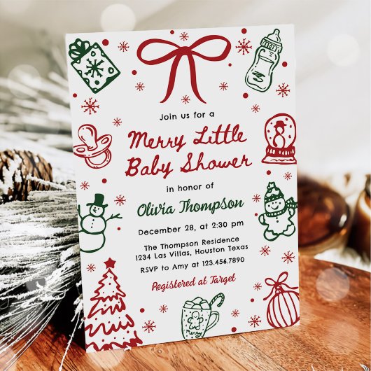 Red and Green Hand Drawn Merry Little Baby Shower  招待状