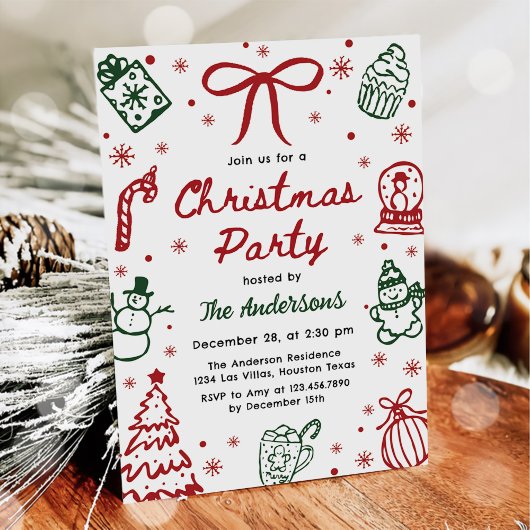 Red and Green Hand Drawn Quirky Christmas Party 招待状