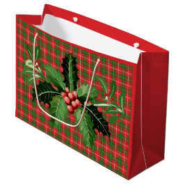 Red and Green Hawaiian Christmas Plaid Gift Bag ラージペーパーバッグ
