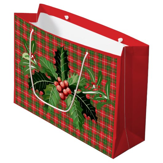 Red and Green Hawaiian Christmas Plaid Gift Bag ラージペーパーバッグ (正面アングル)