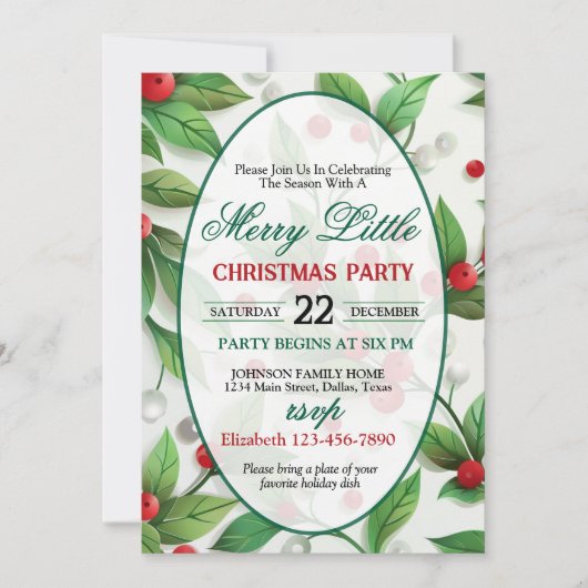 Red and Green Holly Christmas Party Invitation 招待状 (正面)