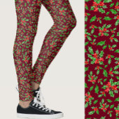 Red and green holly Christmas Patterned レギンス