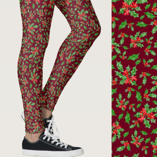 Red and green holly Christmas Patterned レギンス