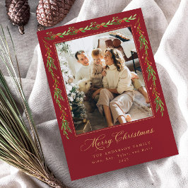 Red and Green Holly Garland Christmas Photo Card 招待状