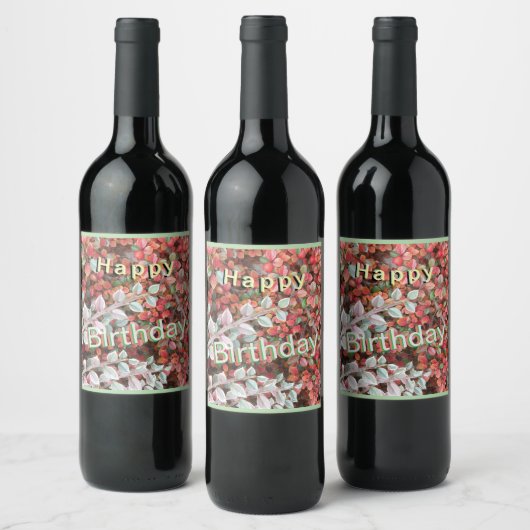 Red and Green Leaves Happy Birthday Wine Labels ワインラベル (ボトル)