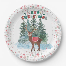 Red And Green Merry Christmas Reindeer ペーパープレート