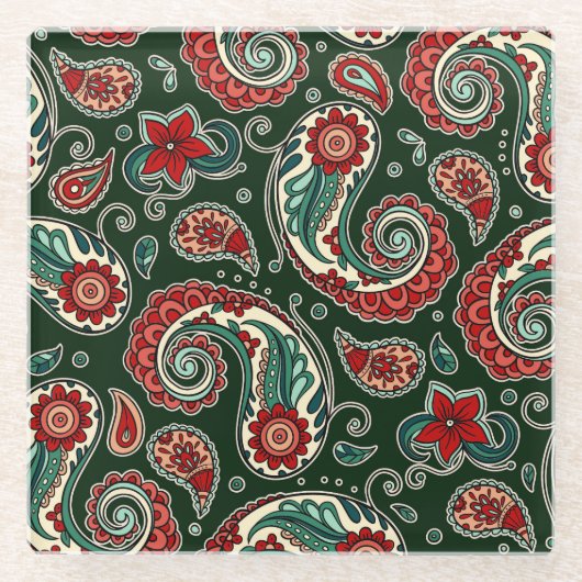 Red and Green Paisley Coaster ガラスコースター (正面)