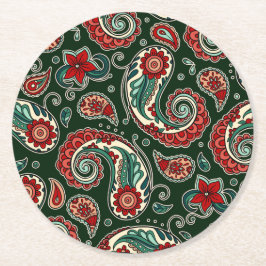 Red and Green Paisley Paper Coaster ラウンドペーパーコースター