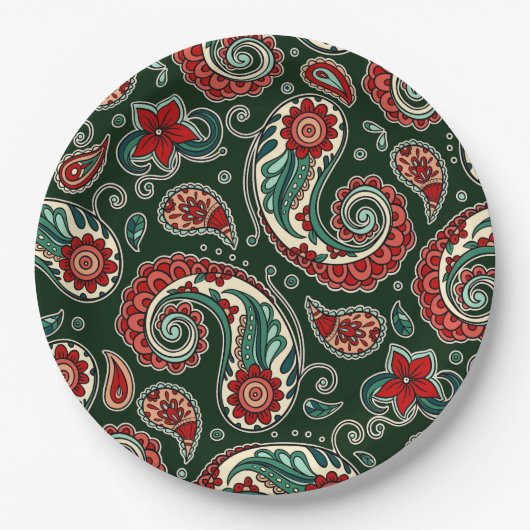 Red and Green Paisley Paper Plates ペーパープレート (正面)